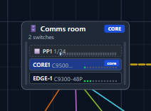 A cabinet in NetLay drawn as a rack, with a patch panel row above two switch rows, one of them badged as the core.