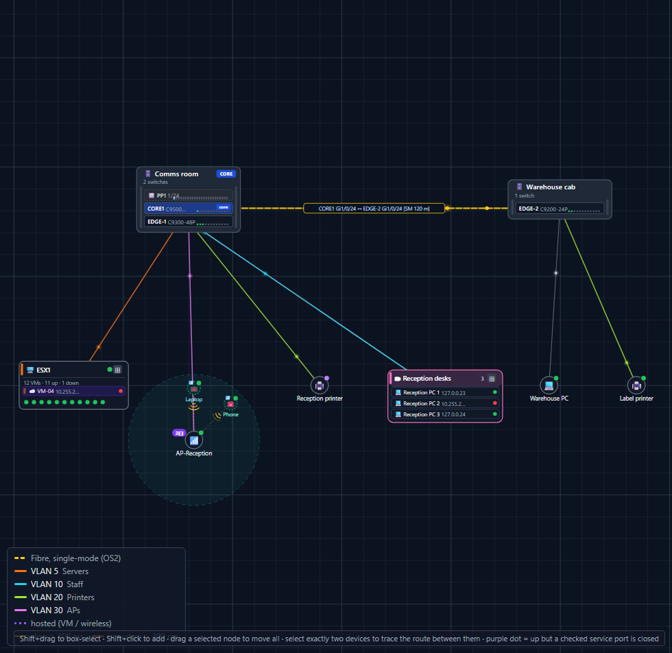 The NetLay map, two cabinets joined by a fibre link with devices fanned out on coloured VLAN lines, a wireless access point with a coverage circle and a server card listing its virtual machines.