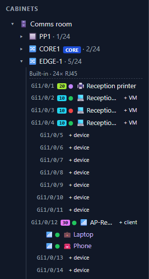 The NetLay sidebar showing a switch expanded into a list of its ports, each with a VLAN number, a status dot and the device plugged into it.