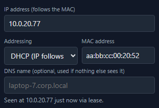 The NetLay device inspector showing an address that follows the MAC, with the addressing set to DHCP and a note that it was seen at that address via a lease.