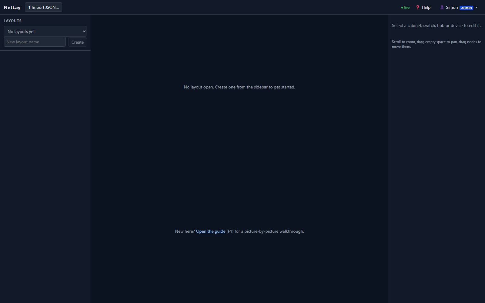 NetLay on first run, an empty workspace with no layouts yet and a prompt to create one, signed in as an admin.