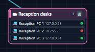 A collapsed group card in NetLay named Reception desks, listing three PCs with their addresses and status dots.