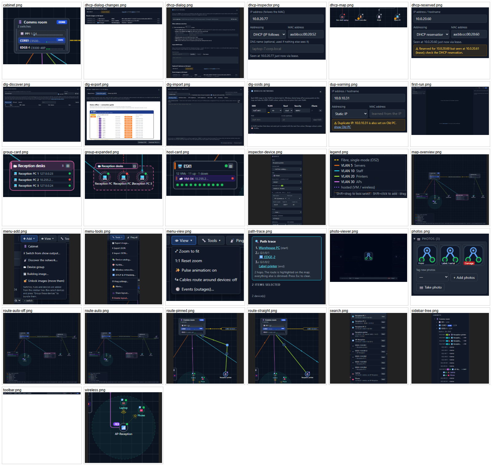 A contact sheet of twenty six NetLay help screenshots, showing menus, dialogs, cards, routing and map views.