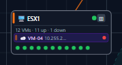 A server node in NetLay labelled ESX1, showing twelve VMs with eleven up and one down, with a row of status dots.