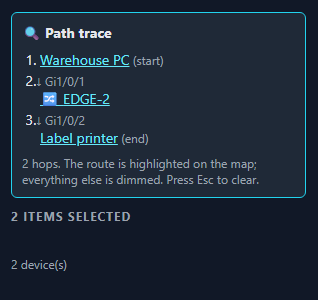 The NetLay path trace panel listing three steps from a warehouse PC through port Gi1/0/1 on a switch to a label printer.