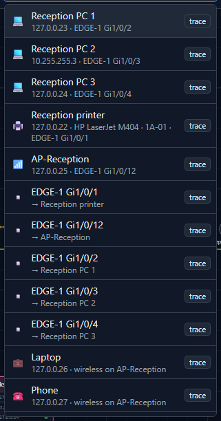 The NetLay search results listing devices with their IP addresses and switch ports, each row with a trace button.