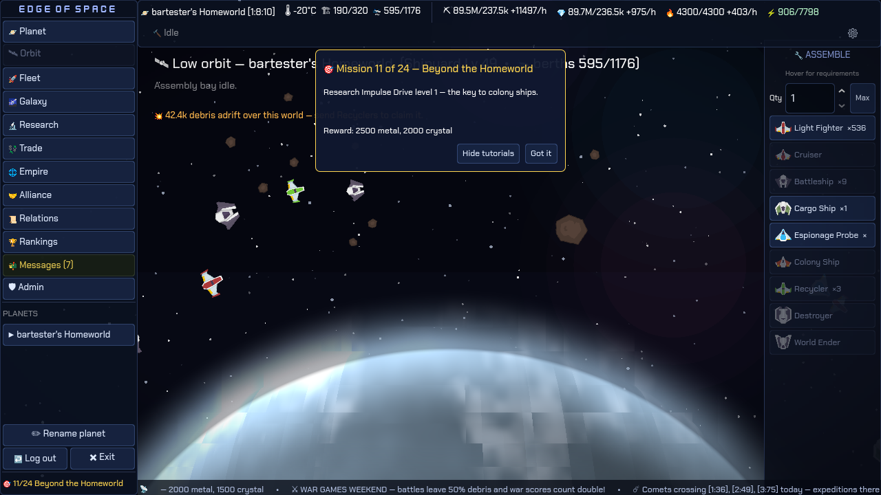 Low orbit over a planet in Edge of Space, broken hulls and rocks drifting past with a line reading 42.4k debris adrift over this world.