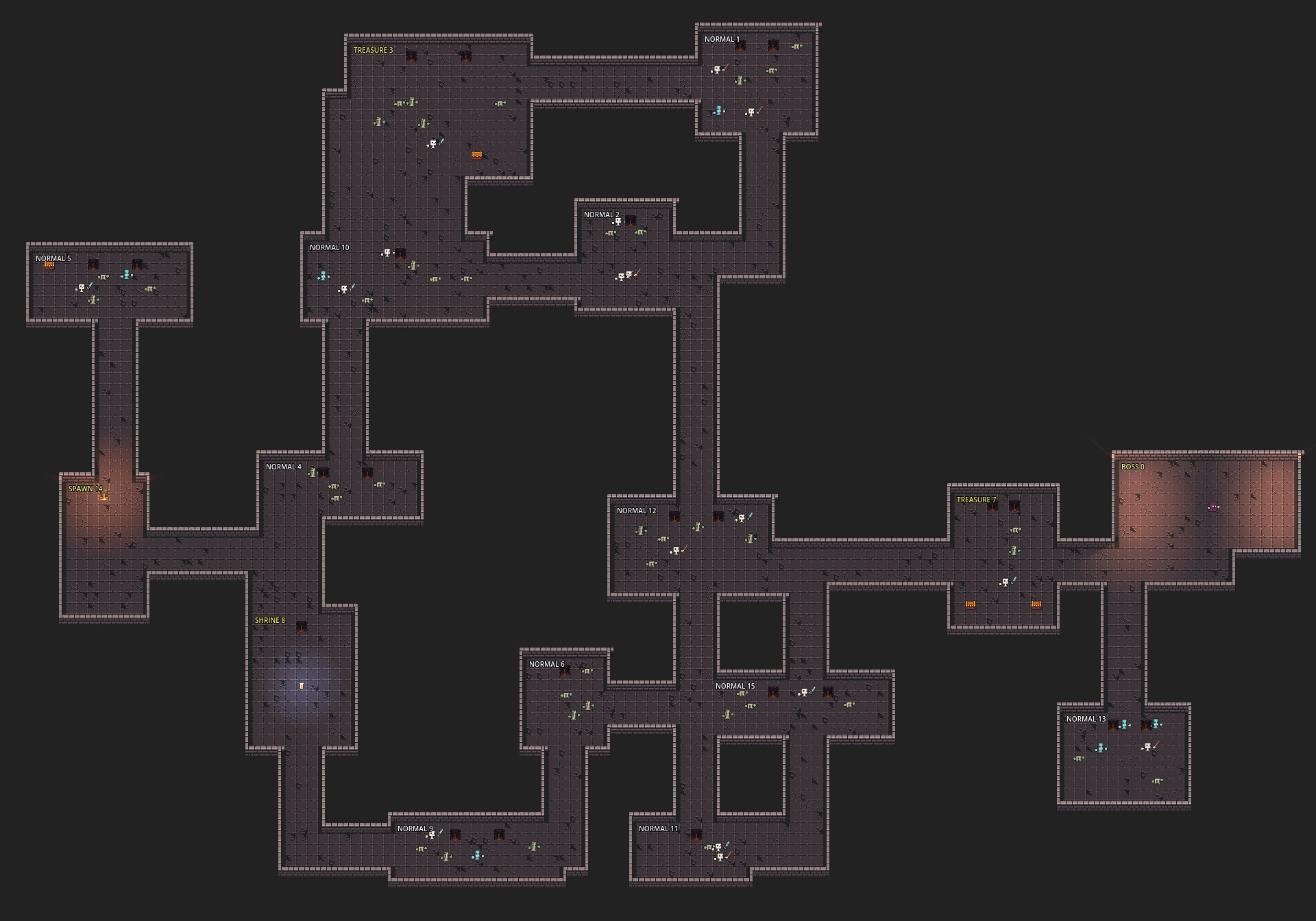 A whole generated dungeon floor in Dungeon Divers, stone rooms and corridors labelled spawn, normal, treasure, shrine and boss, with the spawn and boss rooms lit orange.