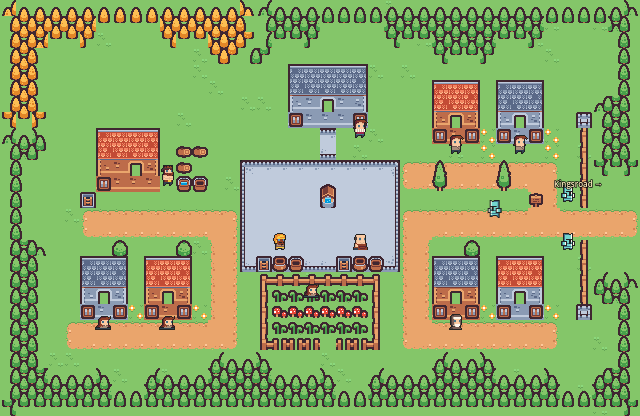 The Dungeon Divers overworld town, a green map with timber and stone buildings, fenced gardens, dirt paths and townsfolk standing outside the shops.