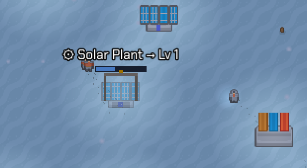 A construction site in Edge of Space, a solar plant inside scaffolding with a progress bar above it and a work light on the corner.